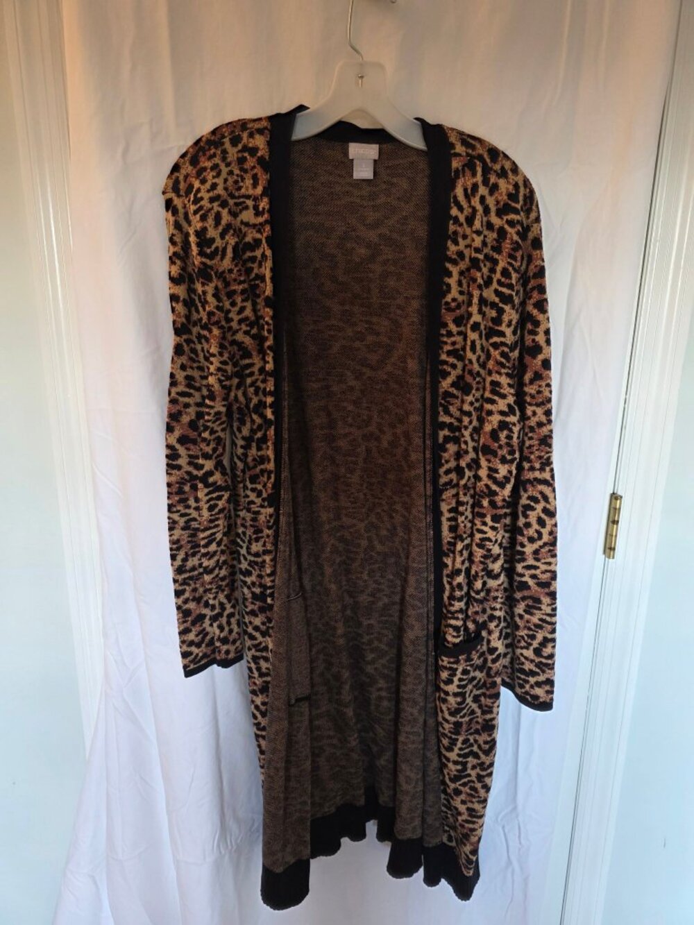 Chico's Leopard Print Long Open Cardigan Black Trim Size 3 XL